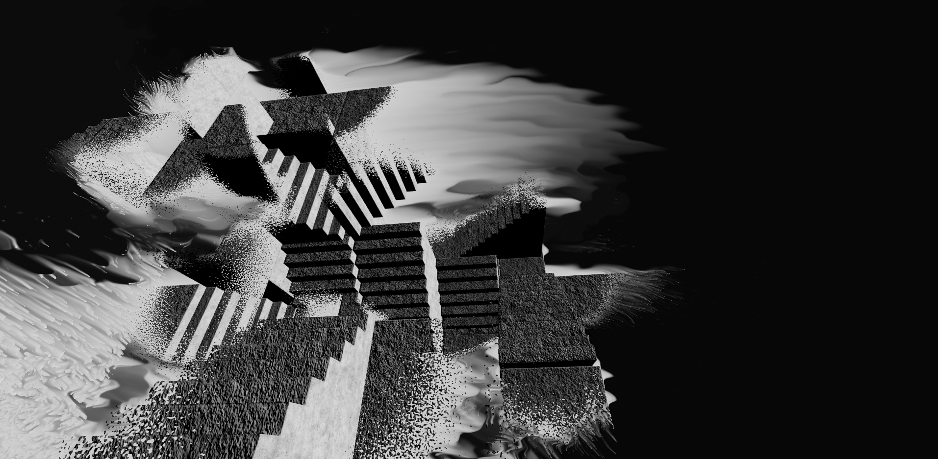 Concrete staircases going in various directions with pale smears on their edges in a black void.